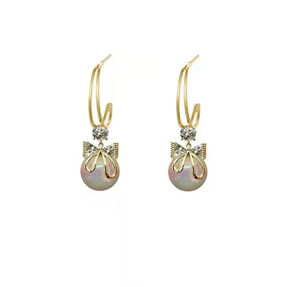 Sweet Earrings High End Feeling Pearl Bow Earrings Diamond Studded Earrings Fashionable Temperament Earrings And Earrings