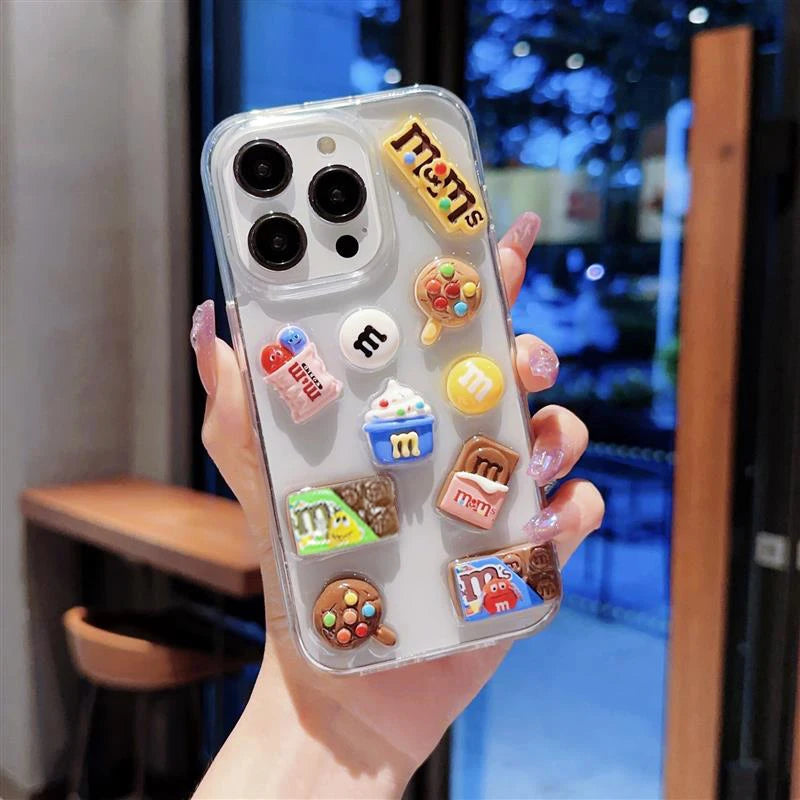 Super Cute M beans chocolate Phone Case for iPhone 16 15 14 13 12 11 Pro Max Cases Silicone Cover Transparent 3D Cartoon Funda