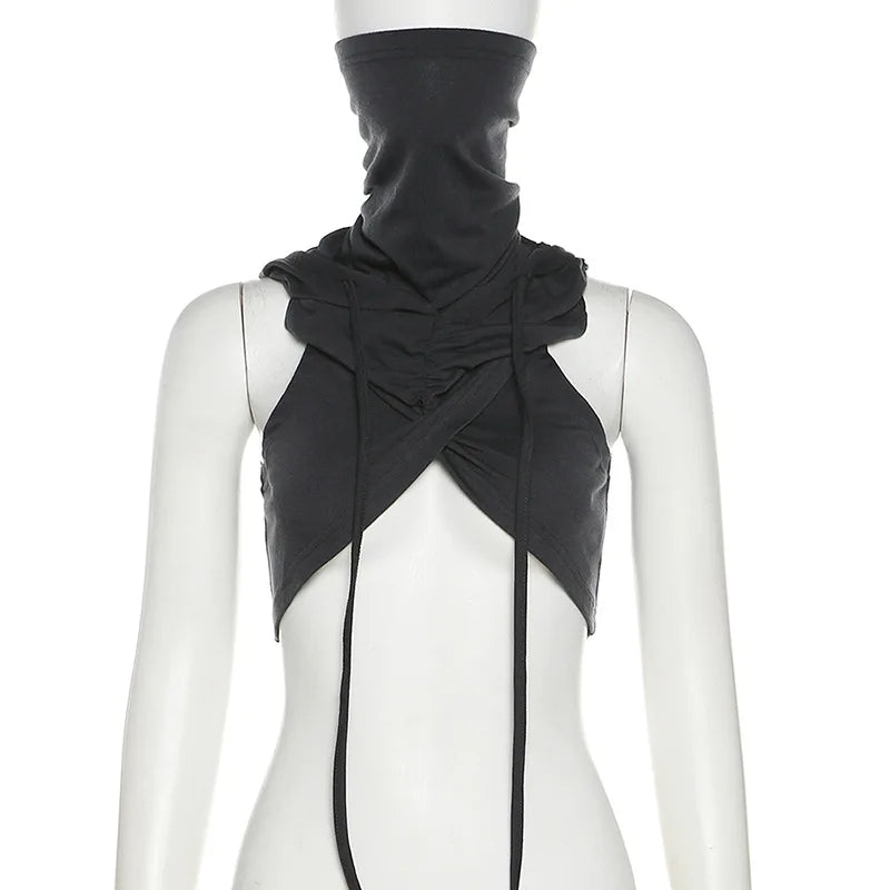 Streetwear Tank Top For Women Clothing Sexy Short Crossover Design Y2k Accessories Mouthpieces Sleeveless Hooded Ropa De Mujer