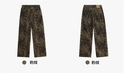 Women's leopard print jeans autumn and winter fashionable versatile loose retro casual pants straight leg wide leg pants