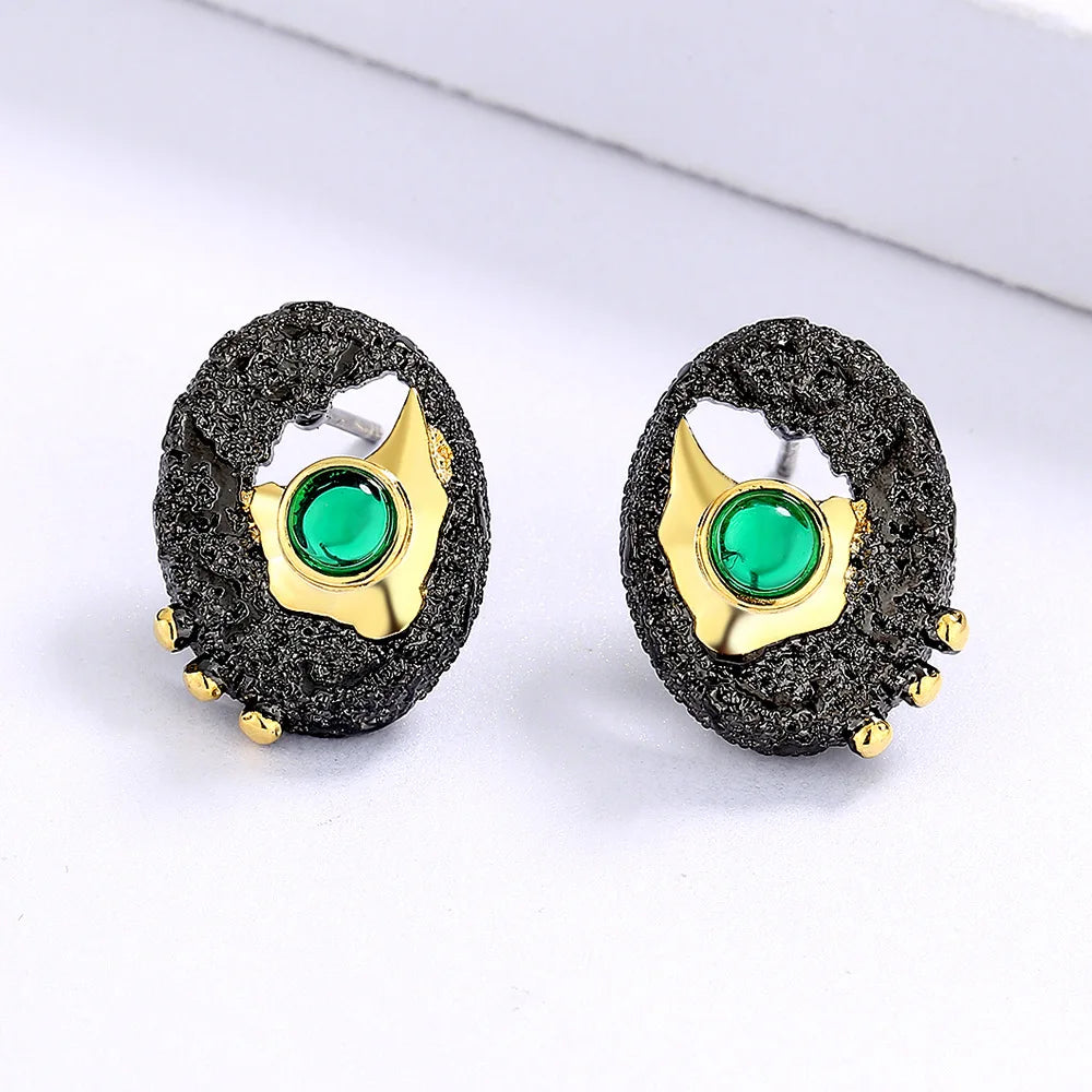 Earrings for Women Round Black Gold-Color Hollow Inlaid Green Crystal Jewelry Creative Birthday Gift  brincos