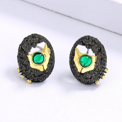 Earrings for Women Round Black Gold-Color Hollow Inlaid Green Crystal Jewelry Creative Birthday Gift  brincos