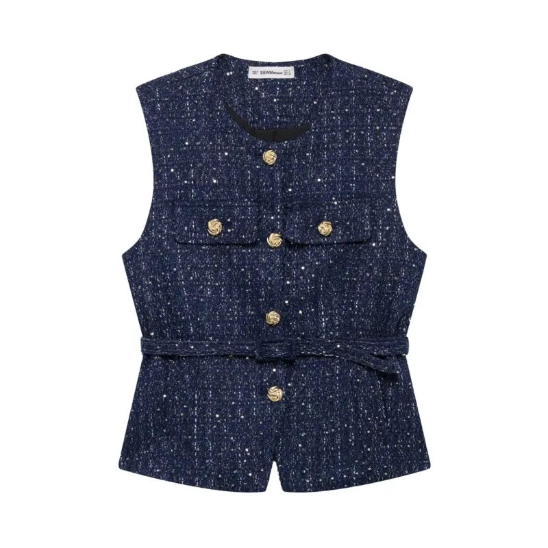 Women's Tweed Waistcoat With Belt, O Neck, Sleeveless, Front Button, Female Outerwear, Chic Tops, Fashion