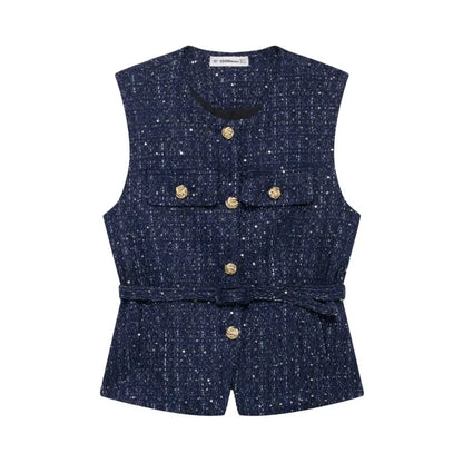 Women's Tweed Waistcoat With Belt, O Neck, Sleeveless, Front Button, Female Outerwear, Chic Tops, Fashion