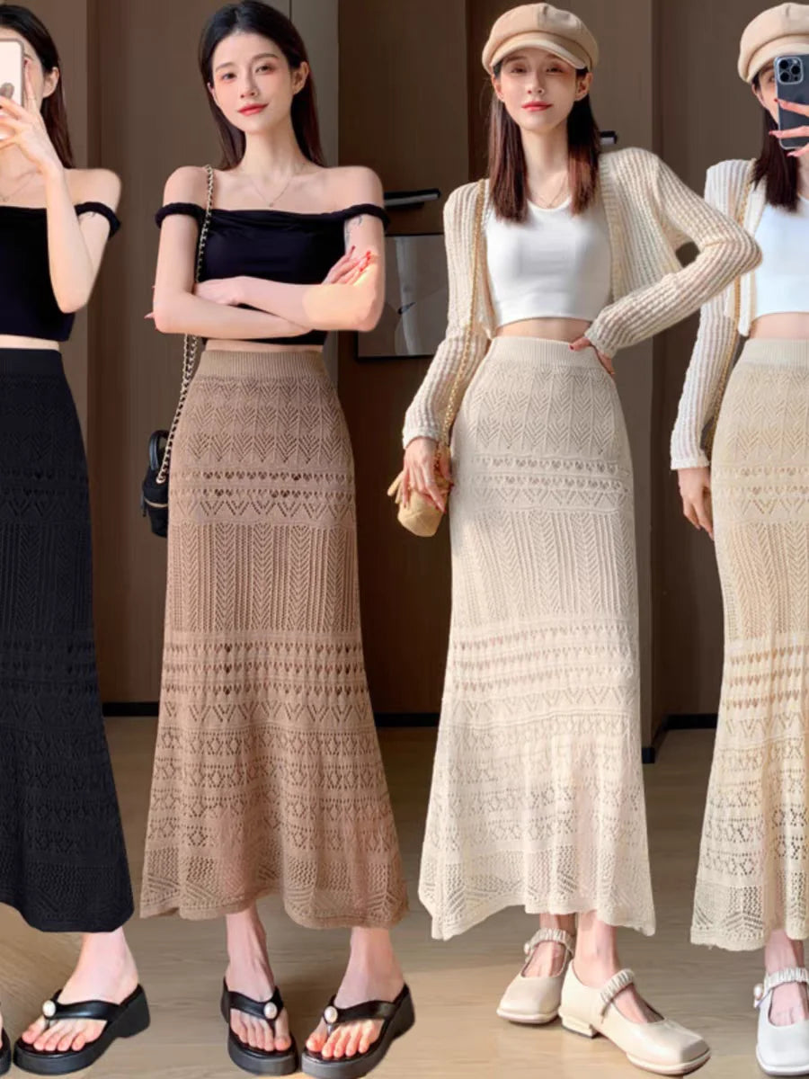 Skirts Women Trumpet High Waist Long Skirt Female Summer Elegant Knitted Hollow Out Fahison Skirt Bottom