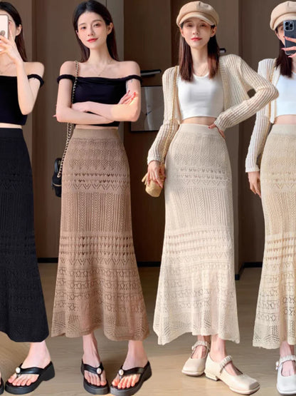 Skirts Women Trumpet High Waist Long Skirt Female Summer Elegant Knitted Hollow Out Fahison Skirt Bottom