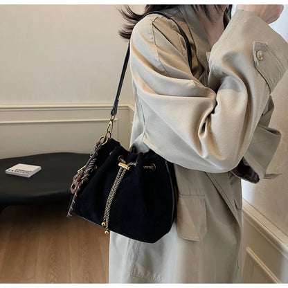 Women Vintage One Shoulder Bag Frosted Solid Drawstring Soft All-Match Bucket Bags High-Grade Versatile Commute Crossbody Packs