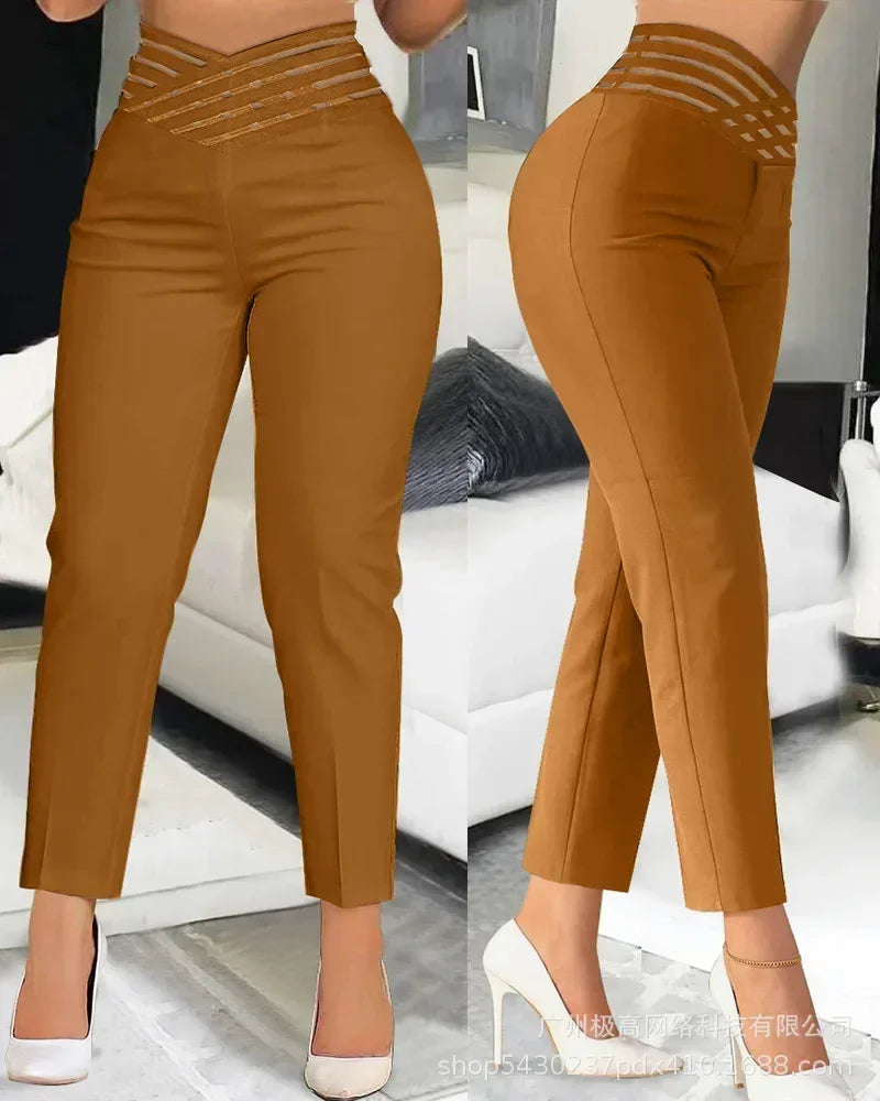 Houndstooth Print High Waist Work Pants Women Plaid Summer Spring Fashion Ankle Length Pants Office Lady