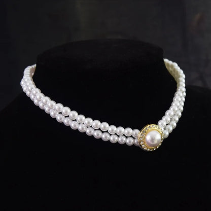 Women Elegant Pearl Double Layers Necklace Earrings Exquisite Vintage Classic Chains For Lady Party Wedding Retro Jewelry Choker