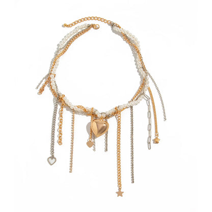 Necklaces for Women Heart-shaped Cross Imitation Pearl Tassel Long Necklace Colliers Femmes Girl Stuff