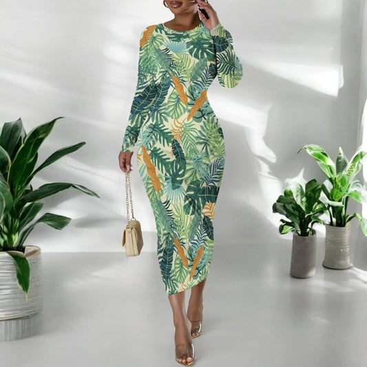 Date Night Dresses for Women Floral Print Crewneck Long Sleeve Stretchy Fitted Bodycon Maxi Dress