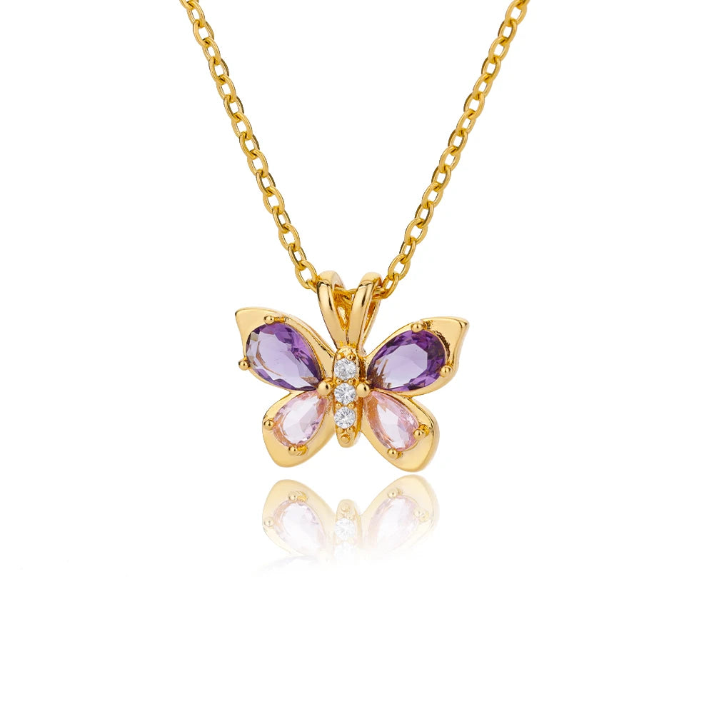 Cute Butterfly Necklace For Women Stainless Steel Crystal Purple Zircon Aesthetic Necklaces Charms Collar Choker Party Jewelry