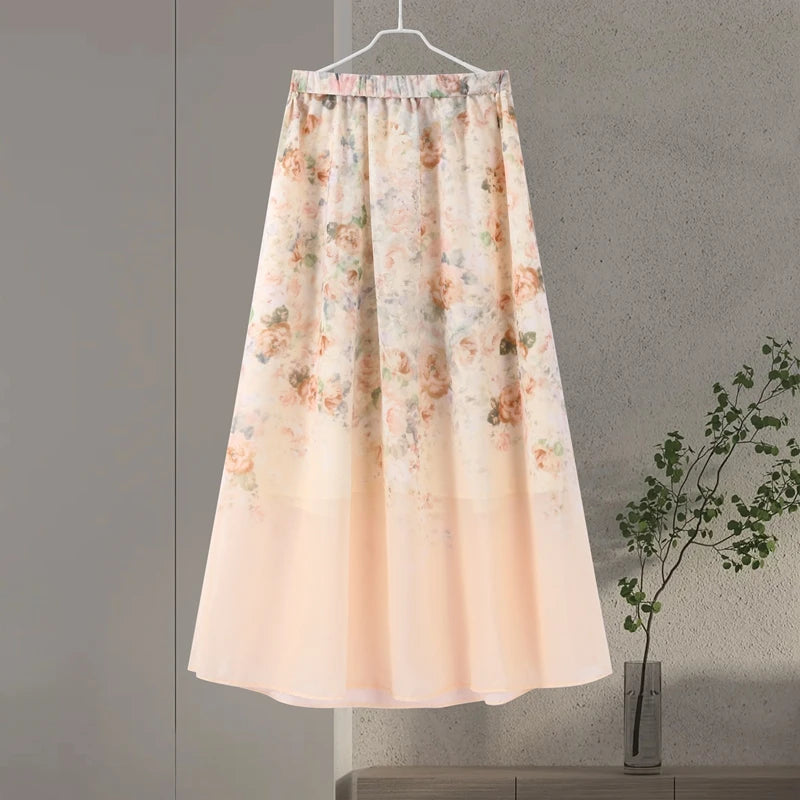 Elegant Floral Printed Long Skirts Set Women Loose Full Sleeve Single Breasted Shirts Pleated Skirt 2025 Summer Lady New Suits