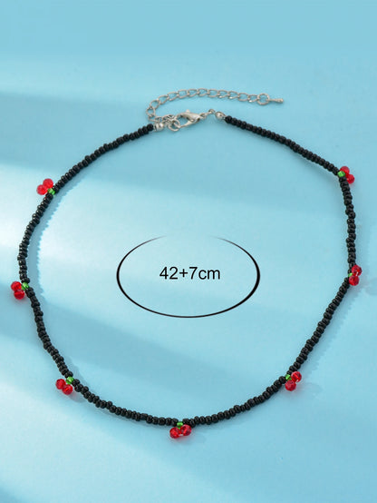 Long Way New Summer Lovely Rice Beaded Beaded Necklace Fresh With Strawberry Cherry Necklace Women