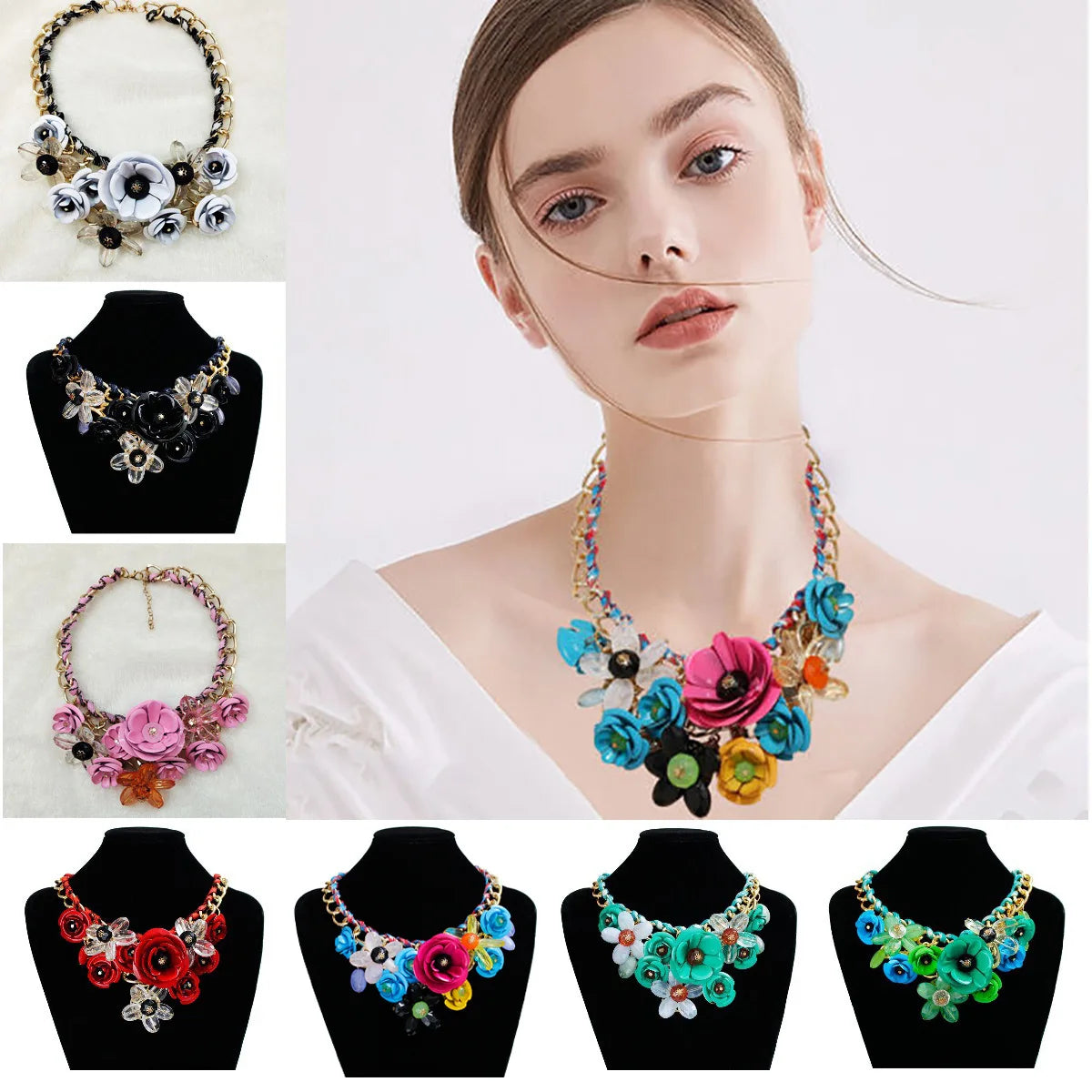 Womens Necklace Colorful Flowers Woven Short Collarbone Chain