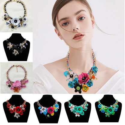 Womens Necklace Colorful Flowers Woven Short Collarbone Chain
