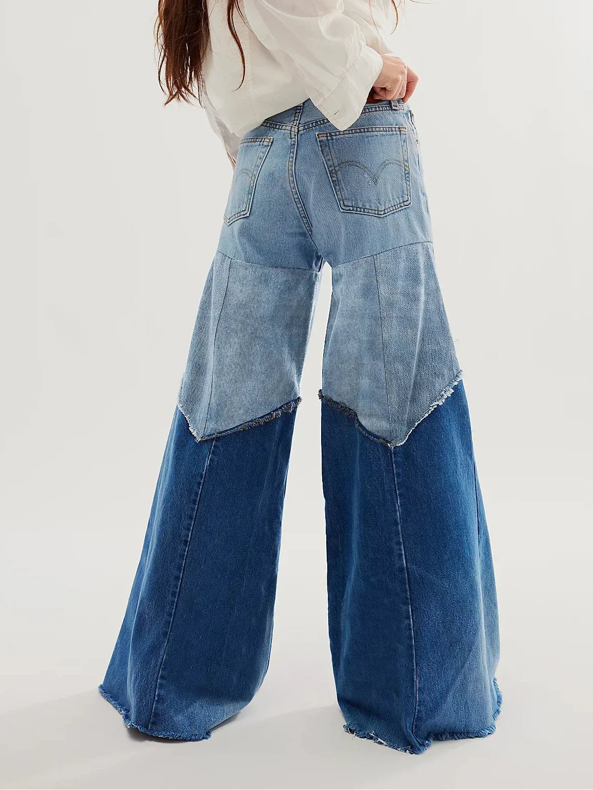 Women's High Waist Jeans 2025 Spring Wide Leg Colorblock Patchwork Denim Trousers with Pockets Casual Streetwear Fashion