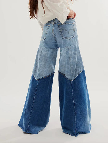 Women's High Waist Jeans 2025 Spring Wide Leg Colorblock Patchwork Denim Trousers with Pockets Casual Streetwear Fashion