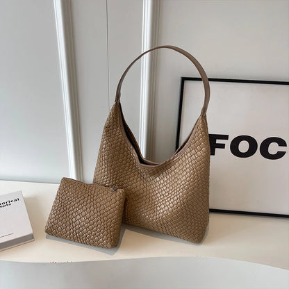 Women Large Shoulder Bag with Pouch Top Handle Bag Trendy PU Woven Tote Bag Leather Armpit Handbag Commuting Bag