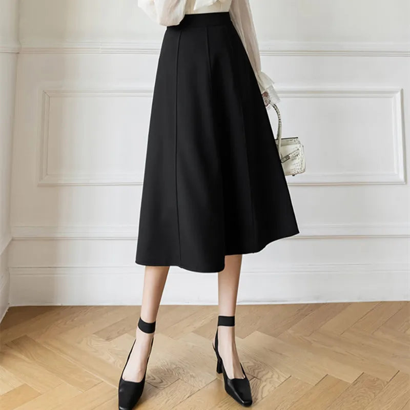 Women's Skirt 2025 Spring Women High Waist Solid Vintage Girl's Waist Down Skirt Knee-length A-line Fashion Thin Skirt for Women