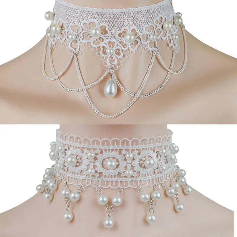 White Necklace Pearl Lace Women Fashion Necklace Earrings lolita Accessories