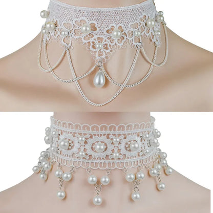 White Necklace Pearl Lace Women Fashion Necklace Earrings lolita Accessories