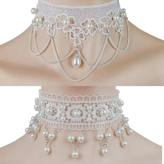 White Necklace Pearl Lace Women Fashion Necklace Earrings lolita Accessories