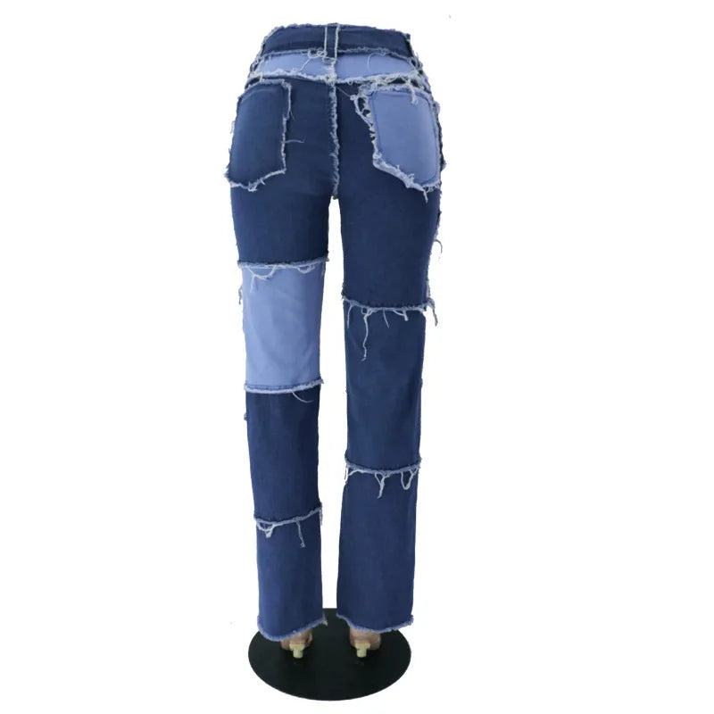 2025 Hot Sale Mixed Color Patchwork Jeans For Women Fashion High Stretch Denim Straight Pants Street Hipster Trousers XS-2XL