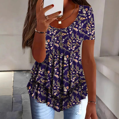 Women Summer Tops Tees Sexy Vintage Blouse Cotton Ruffles Short Sleeve Shirt Ruffles T Shirts Loose Casual Tees