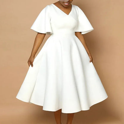 Dress Women Sexy Dresses White Round Neck Flare Sleeve Party Sheath Pleated High Waist Work Elegant Bodycon Mid Length Vestidos