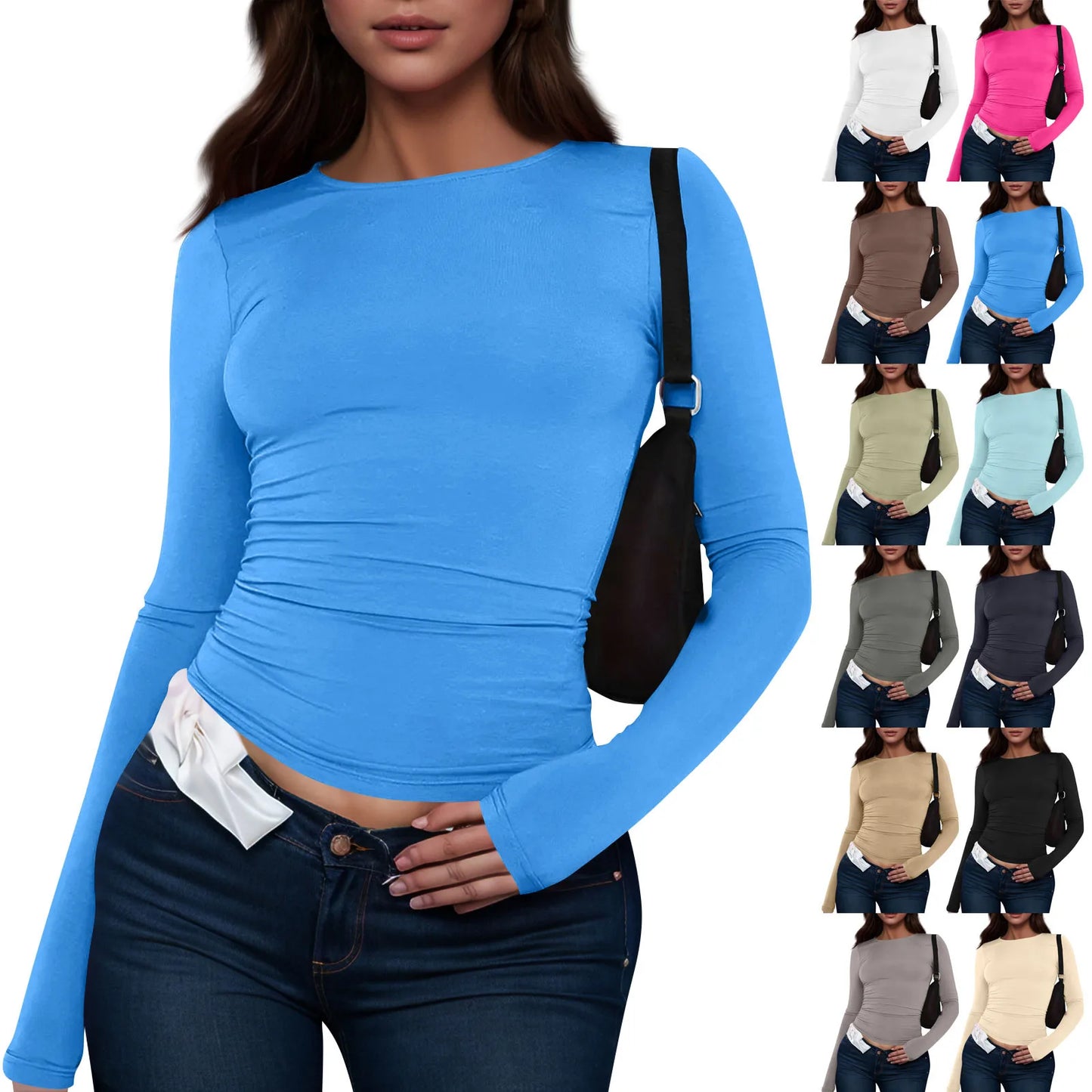 Women's Fashion Solid Colour Round Neck Long Sleeve T-Shirt Top Tops for Women Womens Tops and Blouses Trendy Womens Summer Tops