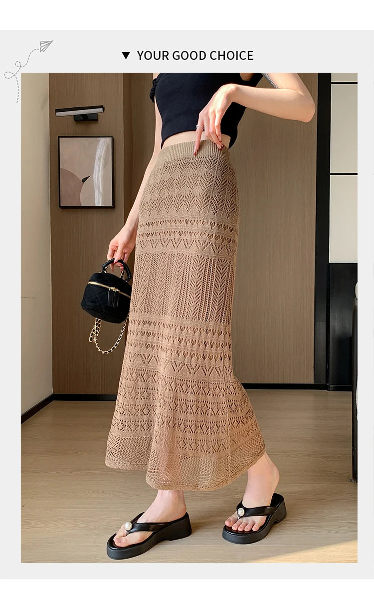 Skirts Women Trumpet High Waist Long Skirt Female Summer Elegant Knitted Hollow Out Fahison Skirt Bottom