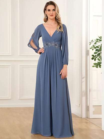 2025 Women Evening Dresses Sexy Deep V-Neck Tulle Full Sleeve Prom Gowns Appliques Empire Pleated A-Line Elegant Bridal Dress