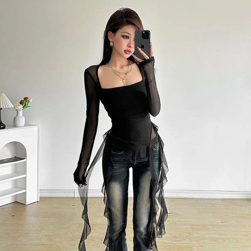 Sexy Women's Tops Fashion White Black Irregular Ribbon T-shirts for Women Long Sleeve Ruffles Slim Punk Tops Female Clothing Y2k