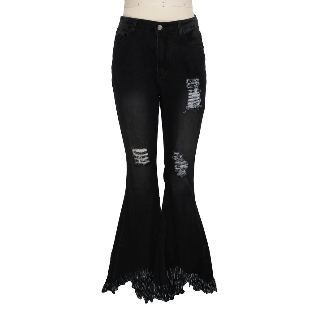 Jeans Women Long Pants Flare Pant Slim Fit Bodycon Y2k Streetwear Casual Elegant Splice Denim Trousers Solid Hole High Waist