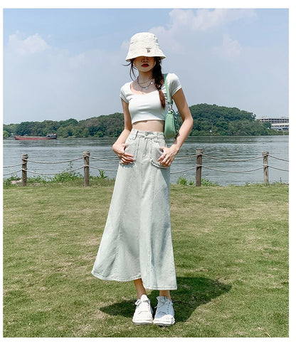 Apricot Denim Skirt Summer Women's 2024 New High Waist Slim Fashion Design Pocket Hip A-line Ankle-length Jean Skirt