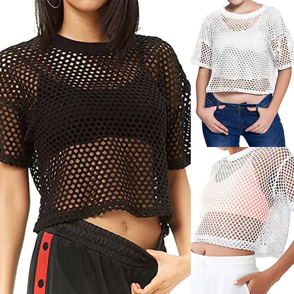 Top Women T-shirt Fashion Sexy Fishnet Solid Black White Crop Top Casual Summer See Through Woman Clothing Oversized Tees