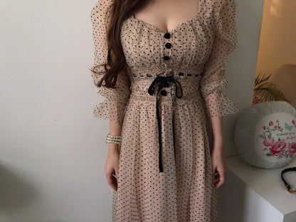 Women Clothing Vestidos Vintage Dress Elegant Square Neck High Waisted Lace Organza Polka Dot Dresses Chic Summer 2025 Slim