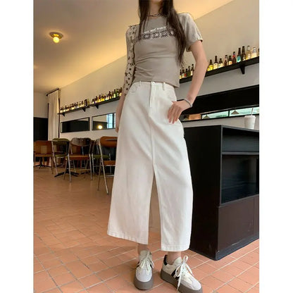 Casual High Quality Maxi Denim Skirts for Women Summer 2025 Fashion White Jeans Dress Long Y2k Medium-length A- Line Skirt Denim