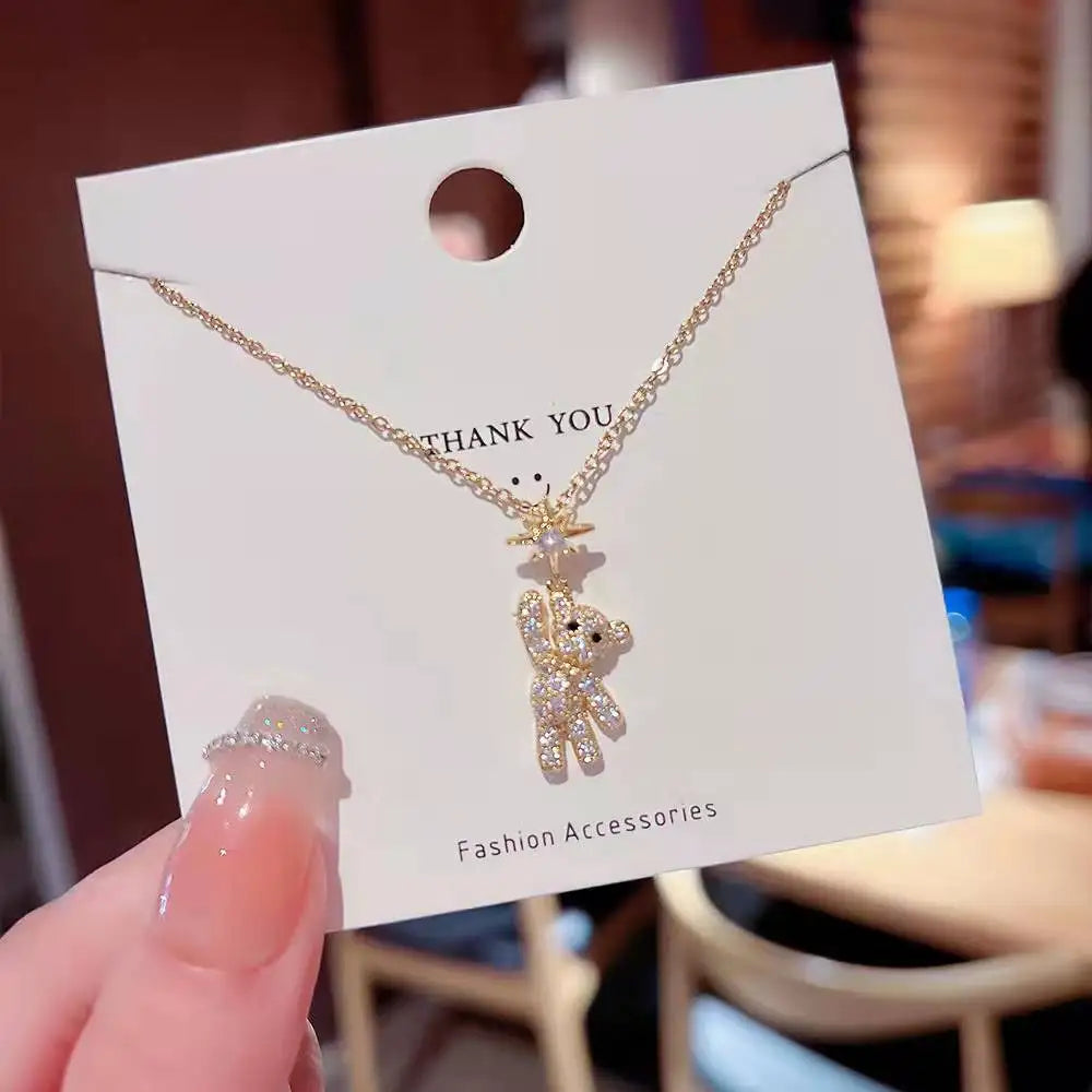 Cute Anime Necklaces For Women Crystal Bear Cartoon Pendant Necklace 2023 Luxury Clavicle Chain Fashion Korean Jewelry Wholesale