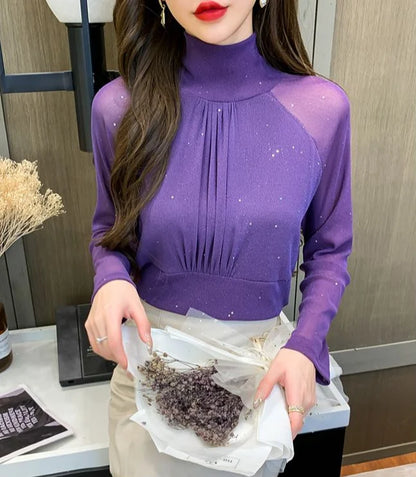 Tops Woman Autumn Winter Red Long Sleeve T Shirt for Women Rhinestone Turtleneck Glitter Sequin Cheap Clothes Elegant Clearance