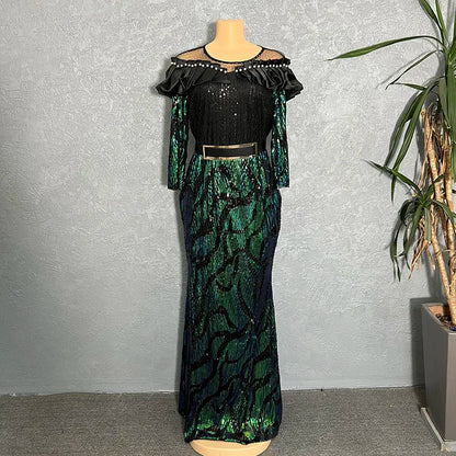 African Dresses For Women 2022 Lady Elegant Glittering Evening Dress Sparkle Sequin Sexy Sheath Maxi Party Gowns Come With Belt