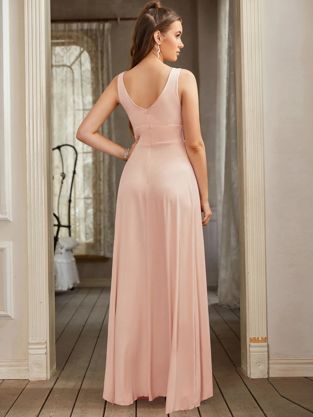 Women Evening Dresses Formal Occasion Sexy Split V Neck Backless Sleeveless Cocktail Dresses Wedding Party Prom Gowns Bridesmaid
