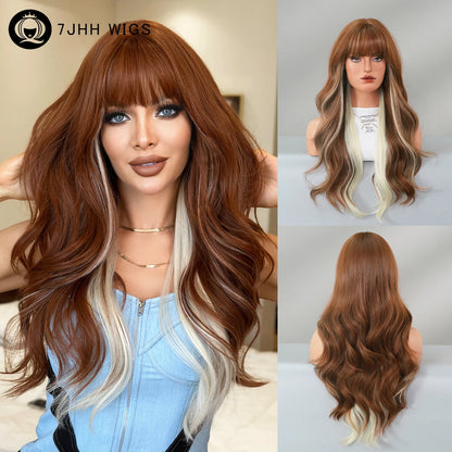 7JHHWIGS Long Body Wave Copper Highlight Beige Wig for Women High Density Synthetic Layered Modest Fashion Wigs with Neat Bangs