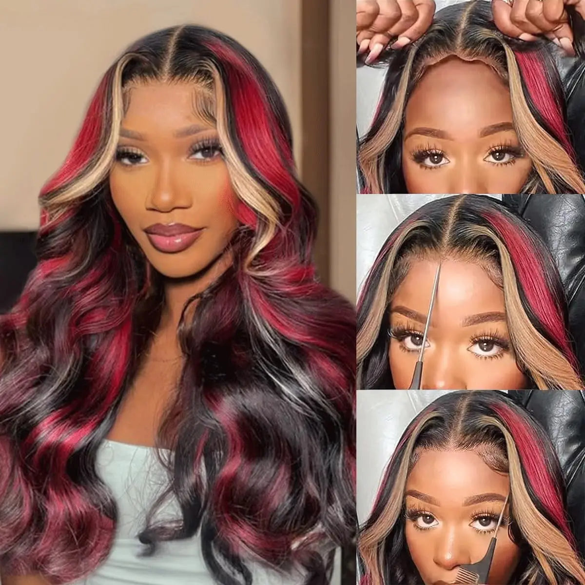 Highlight 5x5 Glueless Wigs Human Hair Pre Plucked Pre Cut Black Hair With Red blonde highlight Body Wave Wigs Human Hair 200%