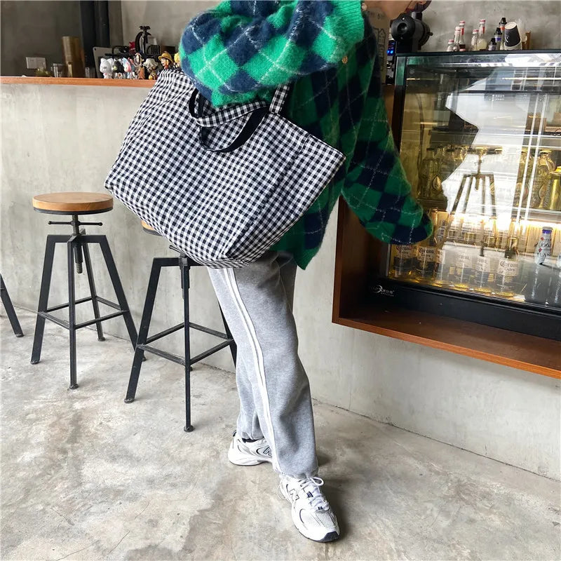 Women Canvas Shoulder Bags Plaid Double-side Large Capacity Handbags Female Shopping Portable Lazy All-match Foldable Tote Bag