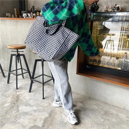Women Canvas Shoulder Bags Plaid Double-side Large Capacity Handbags Female Shopping Portable Lazy All-match Foldable Tote Bag