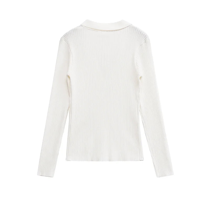 Women's Tops New Fall 2025 Solid Color Long Sleeve Lapel Slim Knit Top Sexy V-Neck Design Casual Fashion Personality Versatile