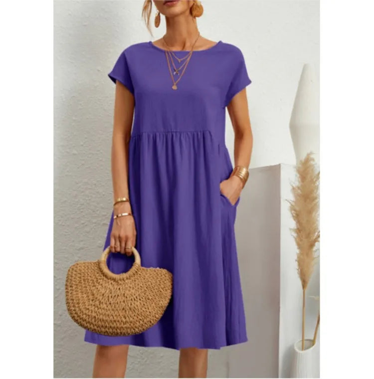 Women's Dresses 2025 Summer Fashion Casual Dresses Women Loose Mid Length Over Knee Dress New Short Sleeve Solid Dress Woman