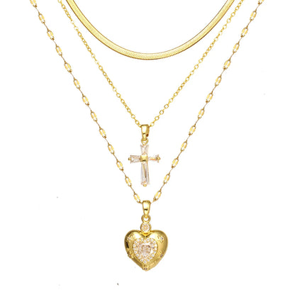 Women's High-End Heart-Shaped Necklace with Zircon Cross Pendant Stainless Steel Collarbone Chain Fashionable Jewelry